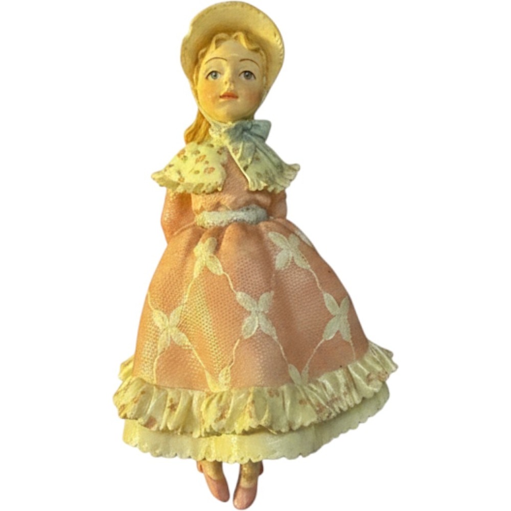 Victorian Girl Ornament Vintage Resin Pink Dress Sun Hat Doll Figurine Christmas